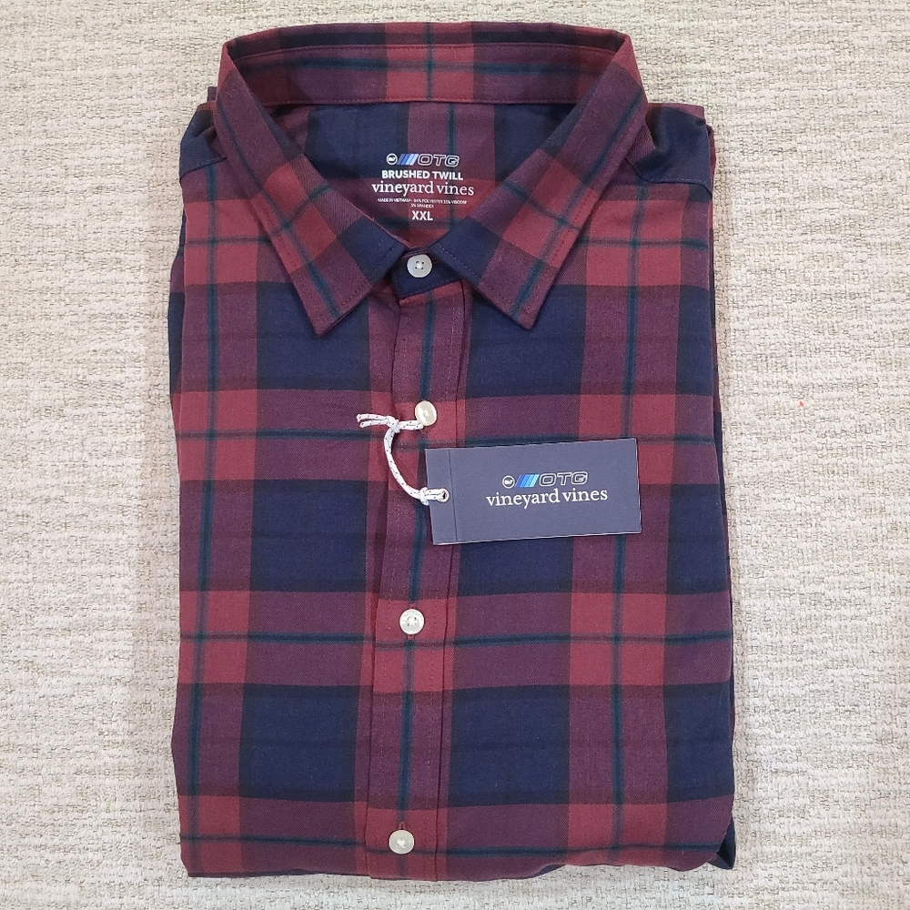 NEW VINEYARD VINES OTG brushed twill classic fit plaid shirt MED Burgundy Navy - Picture 4 of 9